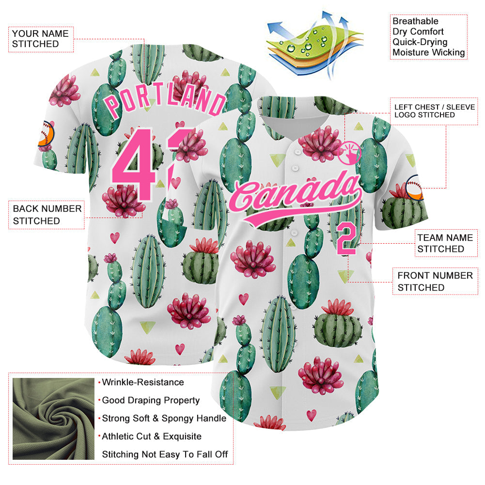 Custom White Pink 3D Pattern Design Cactus Festival Authentic Baseball Jersey view 3