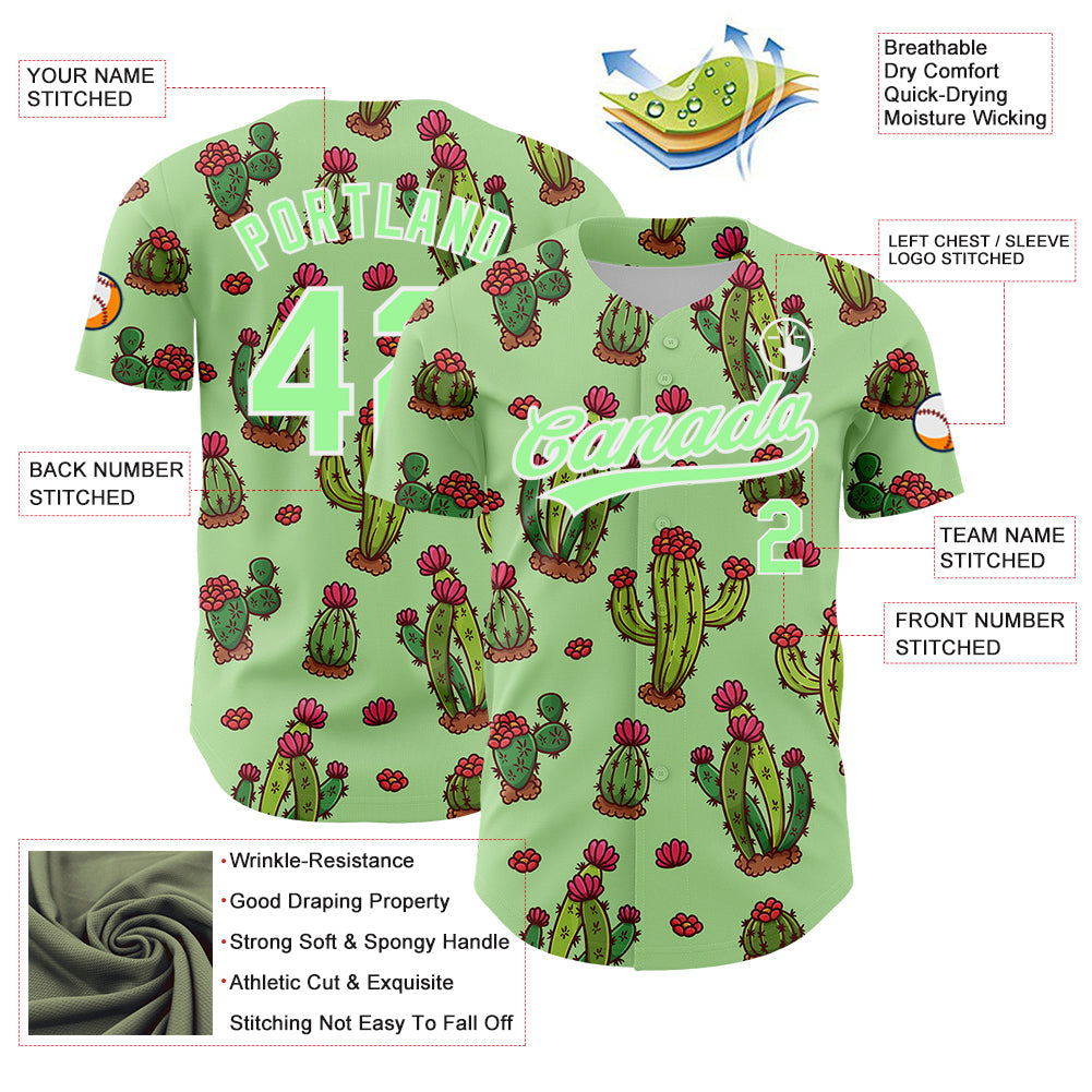 Custom Green Pea Green-White 3D Pattern Design Cactus Festival Authentic Baseball Jersey view 3