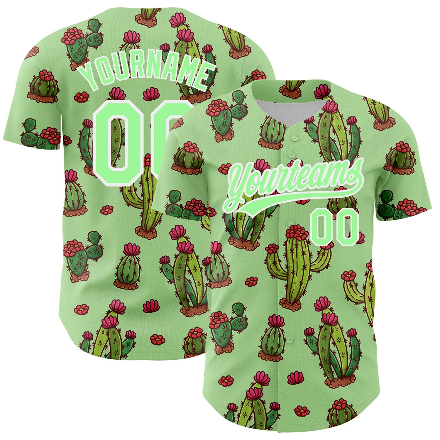 Custom Green Pea Green-White 3D Pattern Design Cactus Festival Authentic Baseball Jersey - Main View