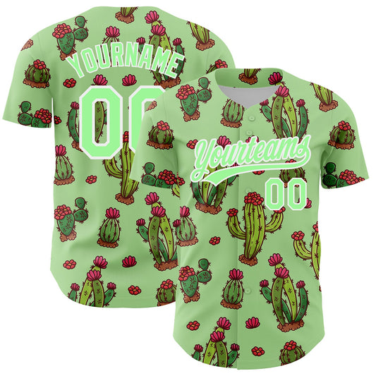 Custom Green Pea Green-White 3D Pattern Design Cactus Festival Authentic Baseball Jersey - Main View