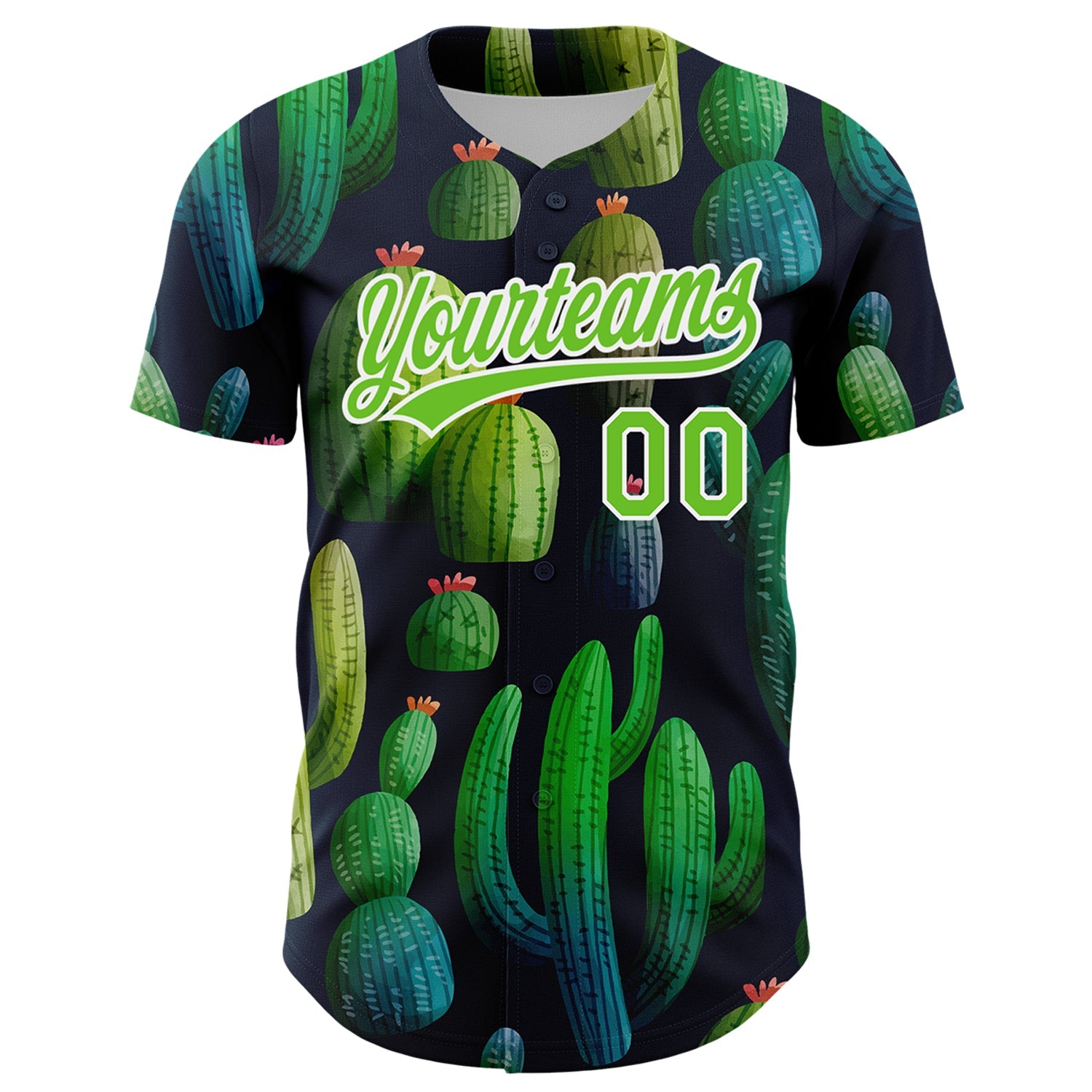Custom Navy Aurora Green-White 3D Pattern Design Cactus Festival Authentic Baseball Jersey view 2