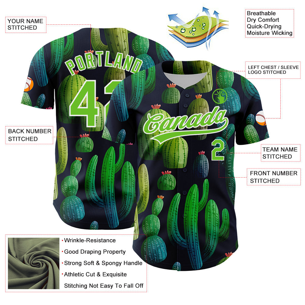 Custom Navy Aurora Green-White 3D Pattern Design Cactus Festival Authentic Baseball Jersey view 3