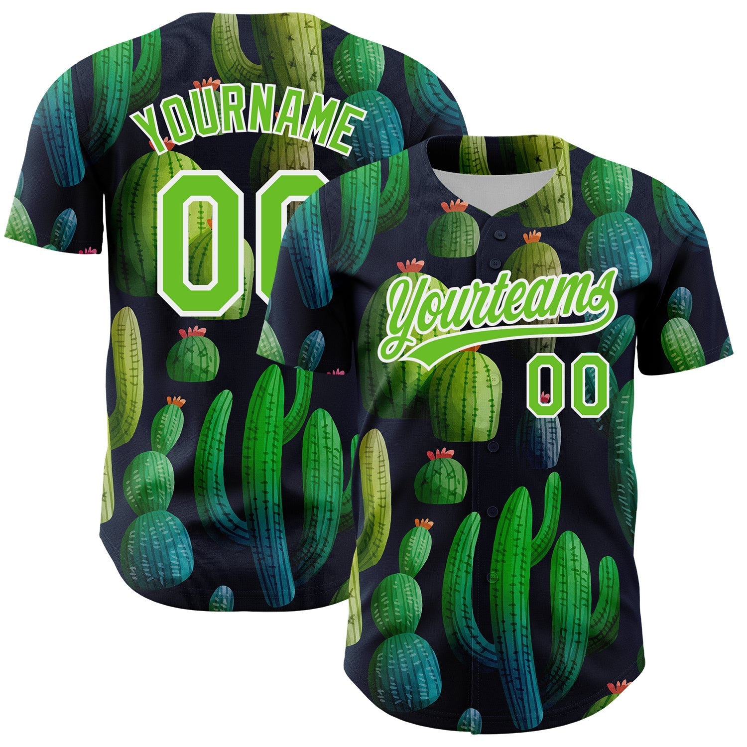 Custom Navy Aurora Green-White 3D Pattern Design Cactus Festival Authentic Baseball Jersey - Main View
