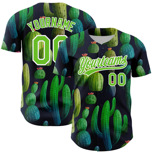 Custom Navy Aurora Green-White 3D Pattern Design Cactus Festival Authentic Baseball Jersey - Main View