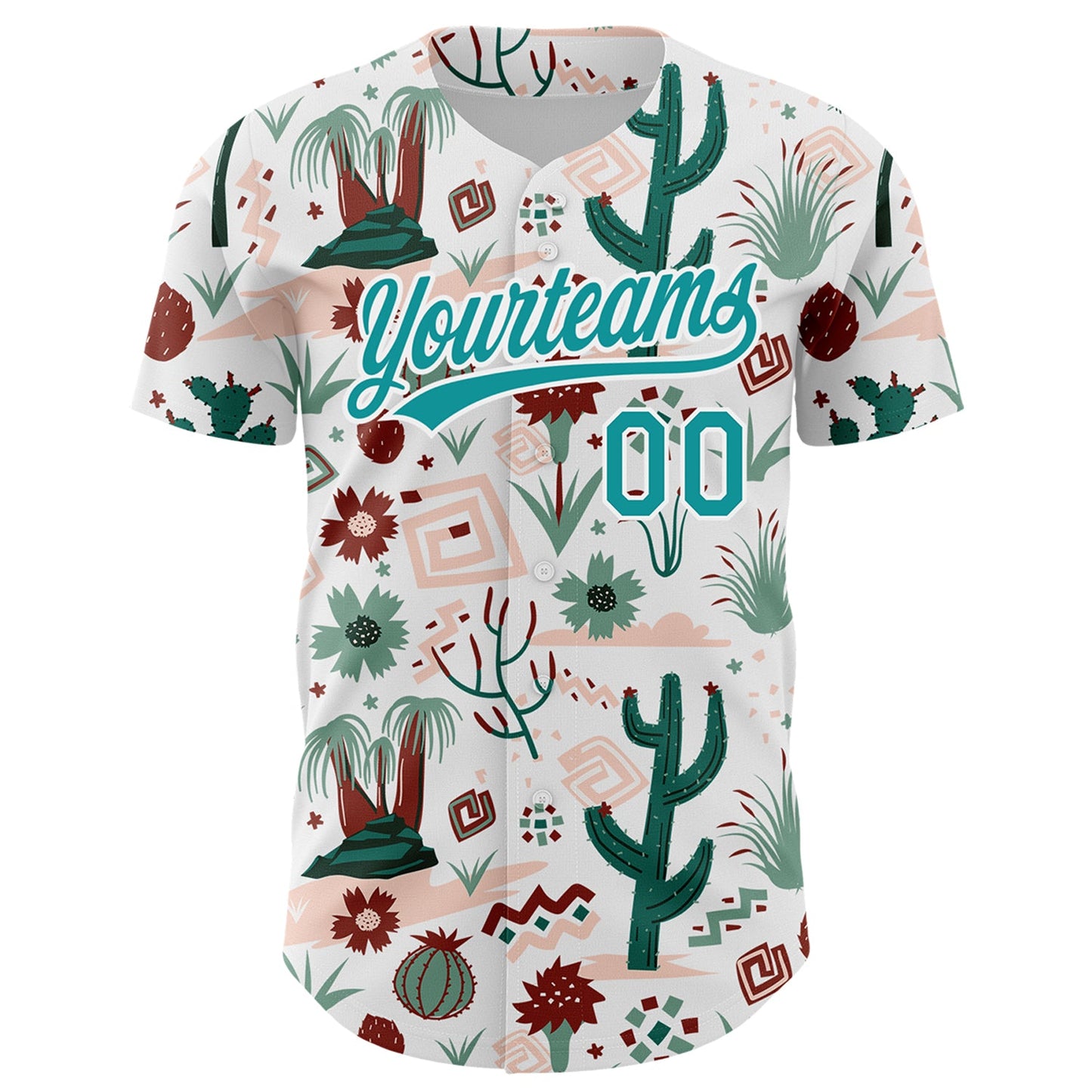 Custom White Teal 3D Pattern Design Cactus Festival Authentic Baseball Jersey view 2