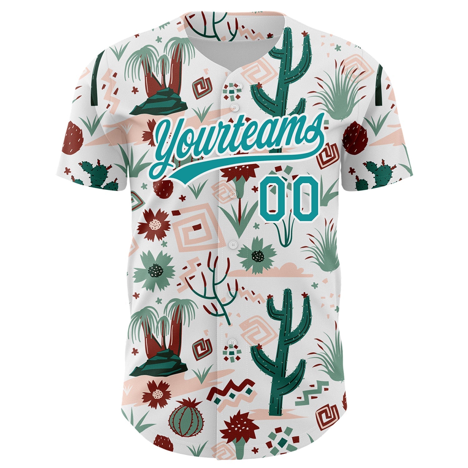 Custom White Teal 3D Pattern Design Cactus Festival Authentic Baseball Jersey view 2