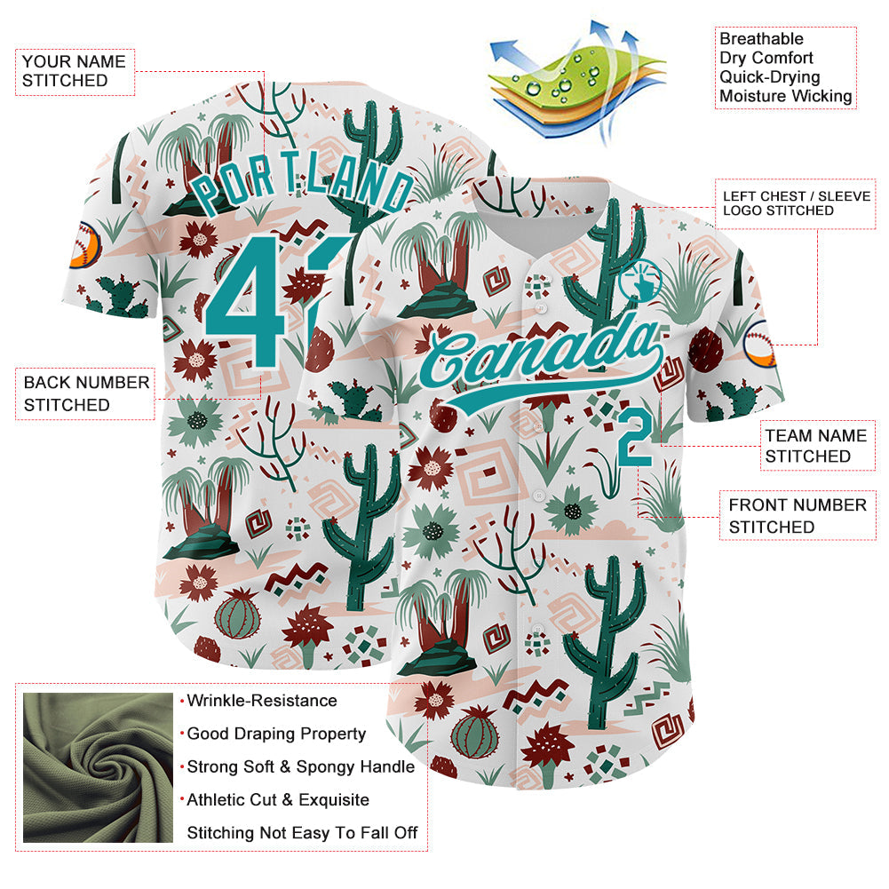 Custom White Teal 3D Pattern Design Cactus Festival Authentic Baseball Jersey view 3
