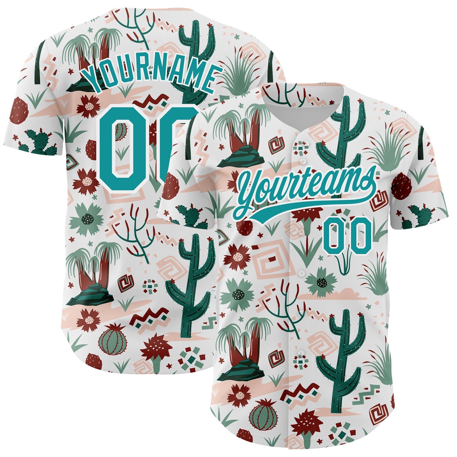 Custom White Teal 3D Pattern Design Cactus Festival Authentic Baseball Jersey - Main View