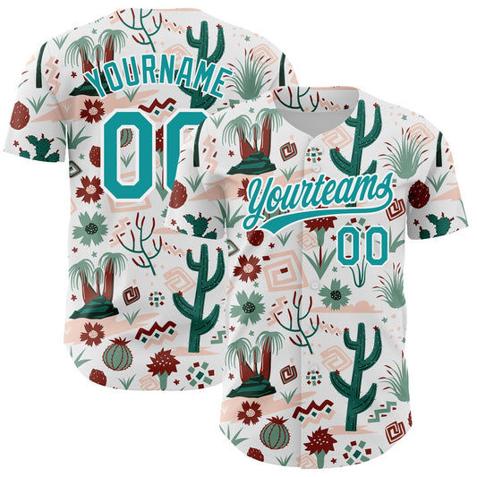 Custom White Teal 3D Pattern Design Cactus Festival Authentic Baseball Jersey - Main View