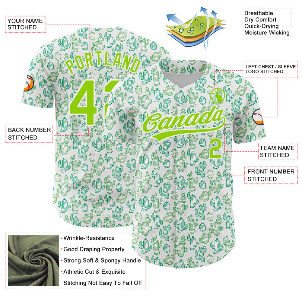 Custom White Neon Green 3D Pattern Design Cactus Festival Authentic Baseball Jersey view 3