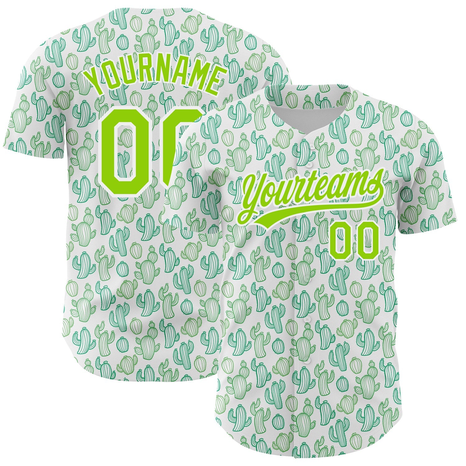 Custom White Neon Green 3D Pattern Design Cactus Festival Authentic Baseball Jersey - Main View