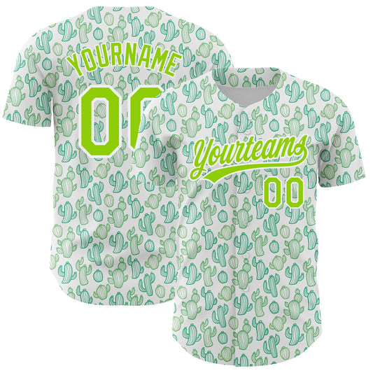 Custom White Neon Green 3D Pattern Design Cactus Festival Authentic Baseball Jersey - Main View
