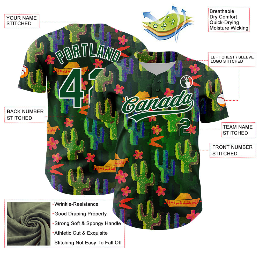 Custom Green White 3D Pattern Design Cactus Festival Authentic Baseball Jersey view 3