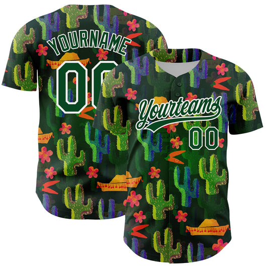 Custom Green White 3D Pattern Design Cactus Festival Authentic Baseball Jersey - Main View