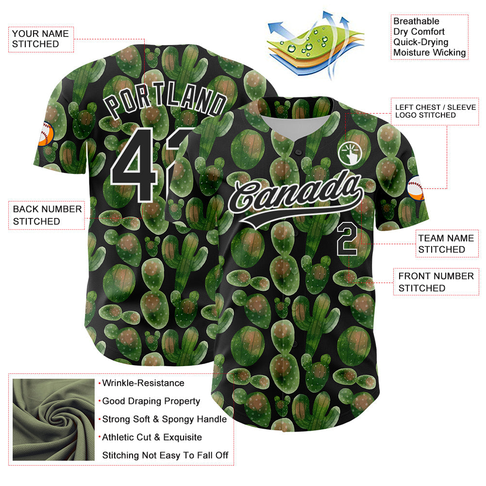 Custom Black White 3D Pattern Design Cactus Festival Authentic Baseball Jersey view 3