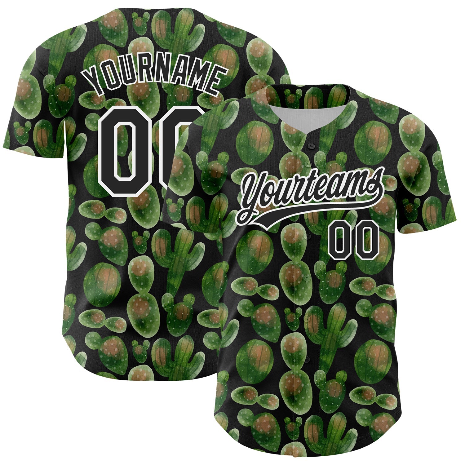 Custom Black White 3D Pattern Design Cactus Festival Authentic Baseball Jersey - Main View