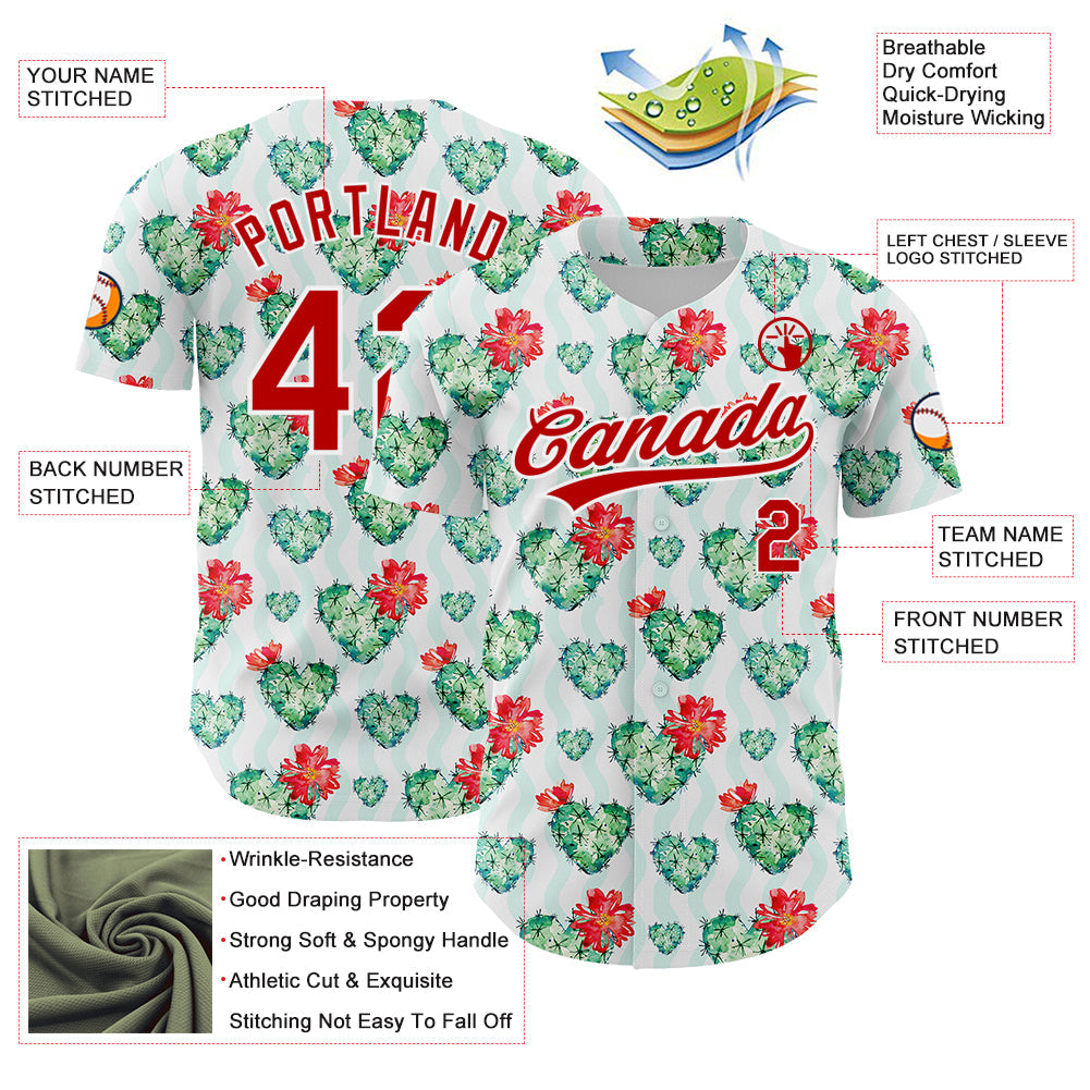 Custom White Red 3D Pattern Design Cactus Festival Authentic Baseball Jersey view 3