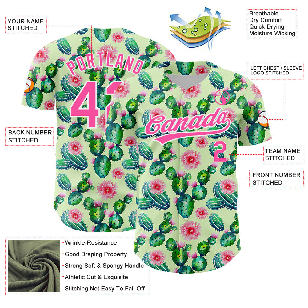 Custom Green Pink-White 3D Pattern Design Cactus Festival Authentic Baseball Jersey view 3