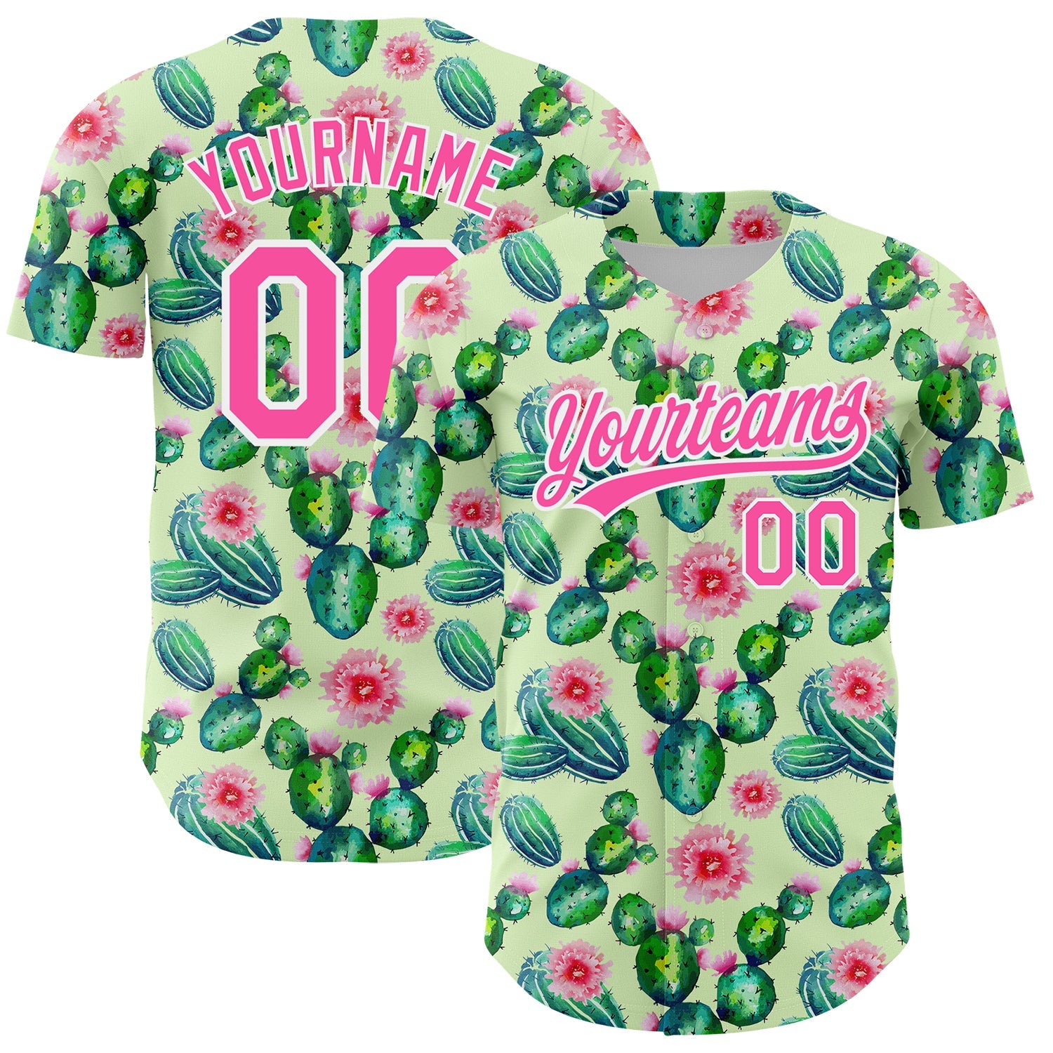 Custom Green Pink-White 3D Pattern Design Cactus Festival Authentic Baseball Jersey - Main View
