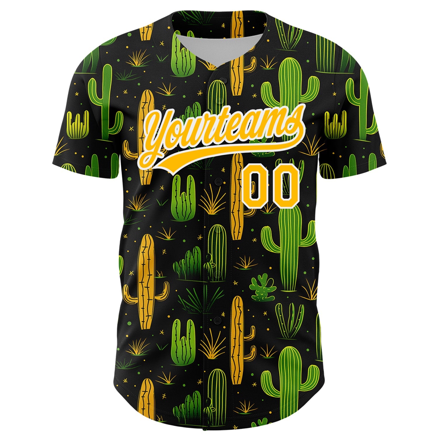 Custom Black Gold-White 3D Pattern Design Cactus Festival Authentic Baseball Jersey view 2