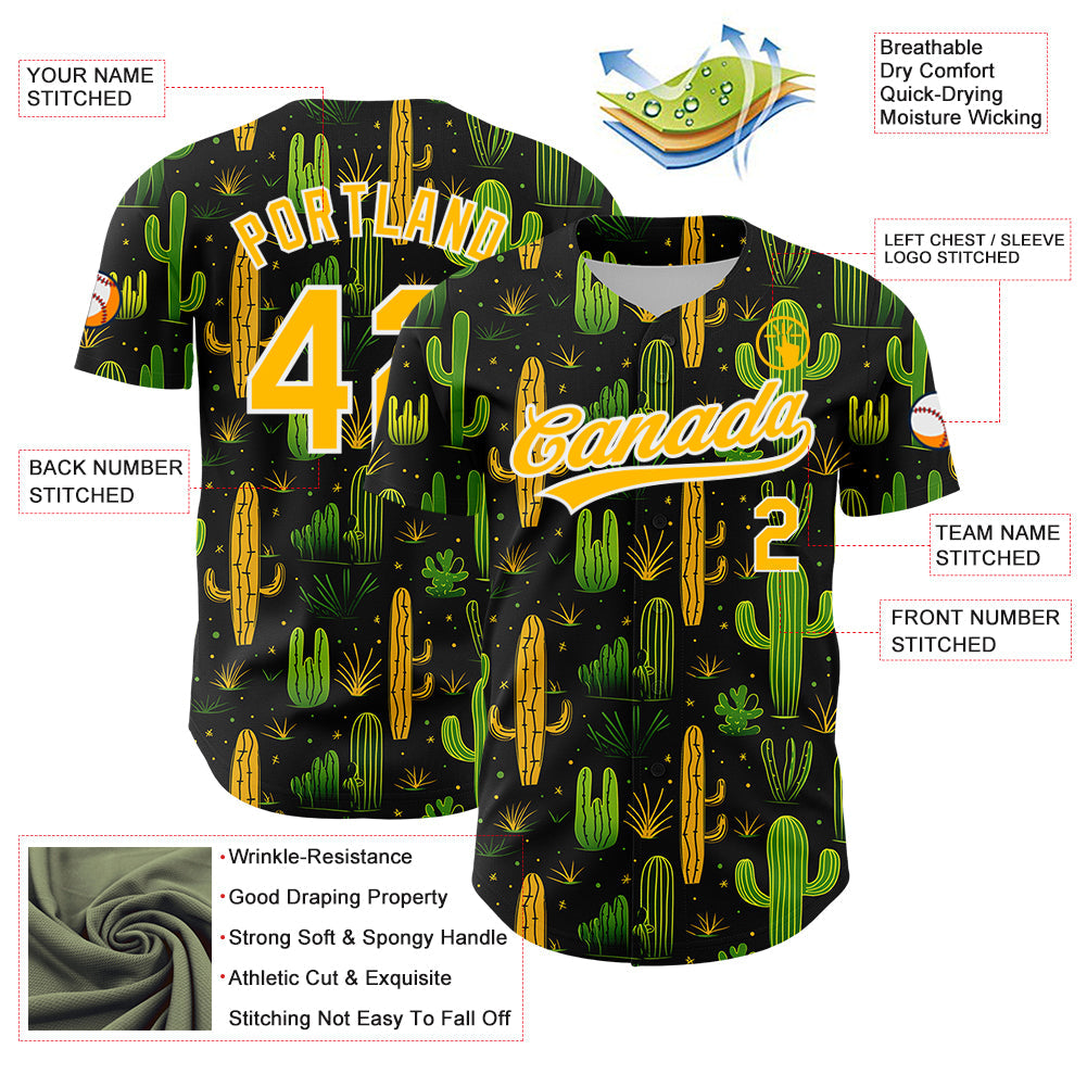 Custom Black Gold-White 3D Pattern Design Cactus Festival Authentic Baseball Jersey view 3