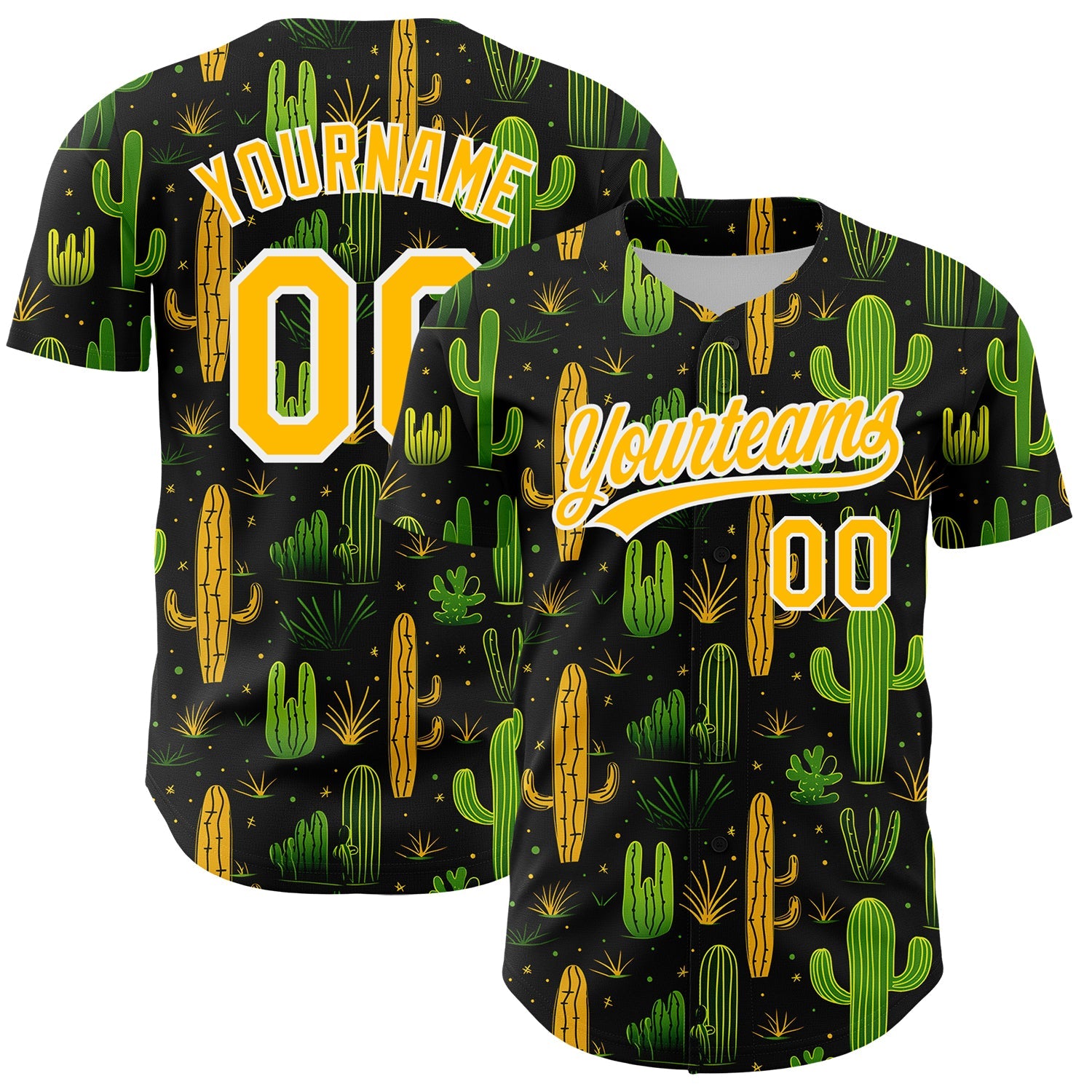 Custom Black Gold-White 3D Pattern Design Cactus Festival Authentic Baseball Jersey - Main View
