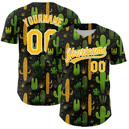 Custom Black Gold-White 3D Pattern Design Cactus Festival Authentic Baseball Jersey - Main View