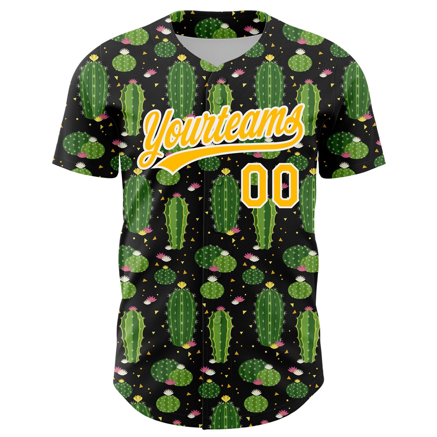 Custom Black Gold-White 3D Pattern Design Cactus Festival Authentic Baseball Jersey view 2