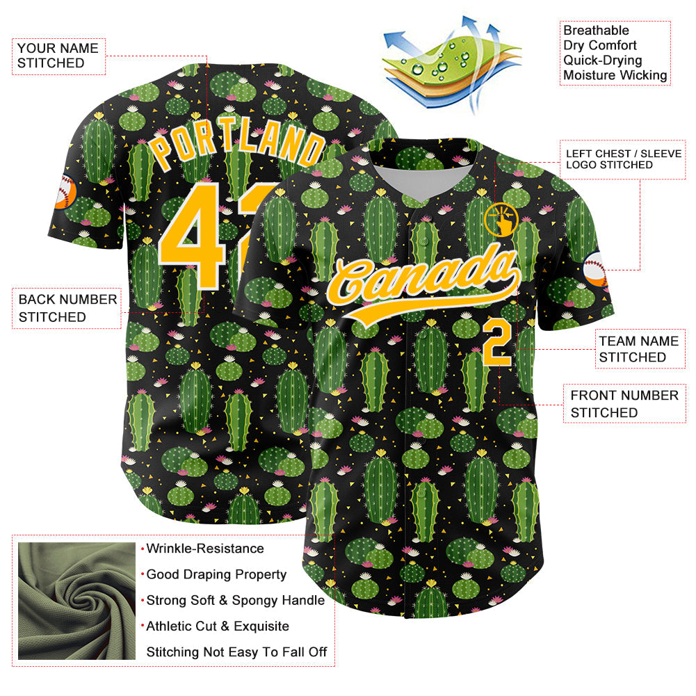 Custom Black Gold-White 3D Pattern Design Cactus Festival Authentic Baseball Jersey view 3