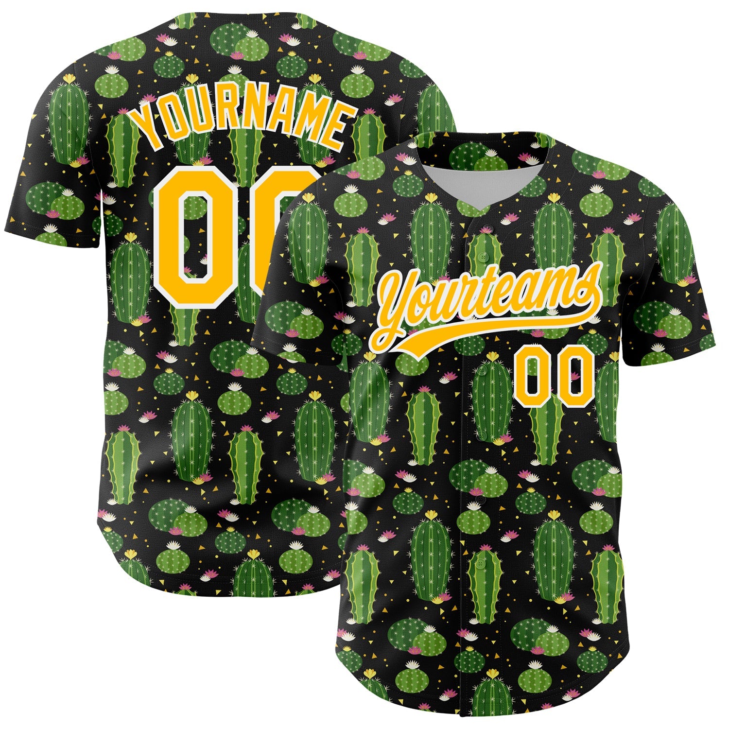 Custom Black Gold-White 3D Pattern Design Cactus Festival Authentic Baseball Jersey - Main View