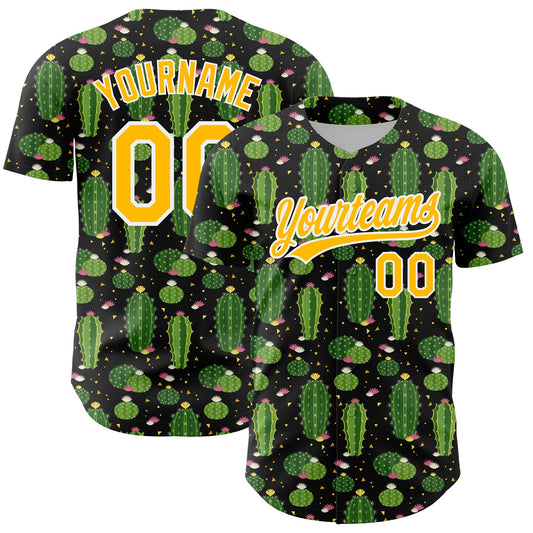 Custom Black Gold-White 3D Pattern Design Cactus Festival Authentic Baseball Jersey - Main View