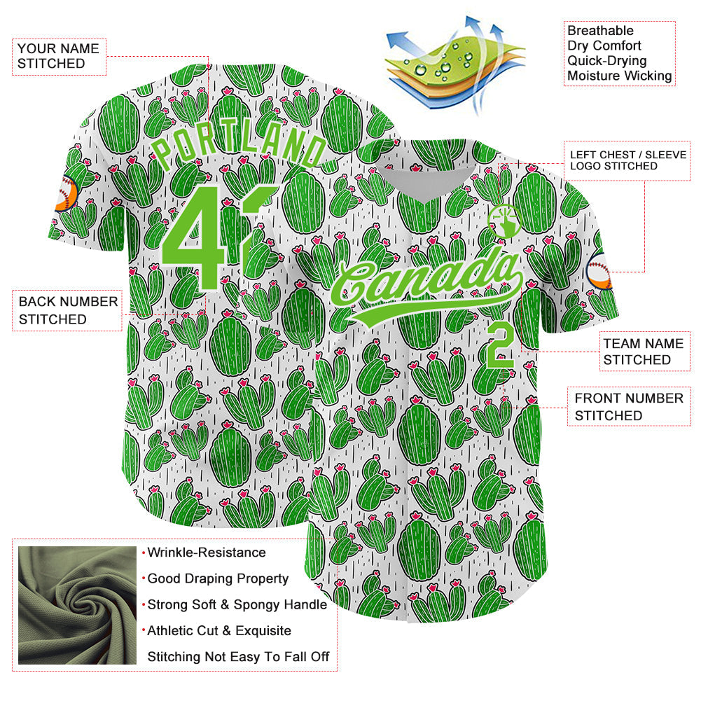 Custom White Aurora Green 3D Pattern Design Cactus Festival Authentic Baseball Jersey view 3