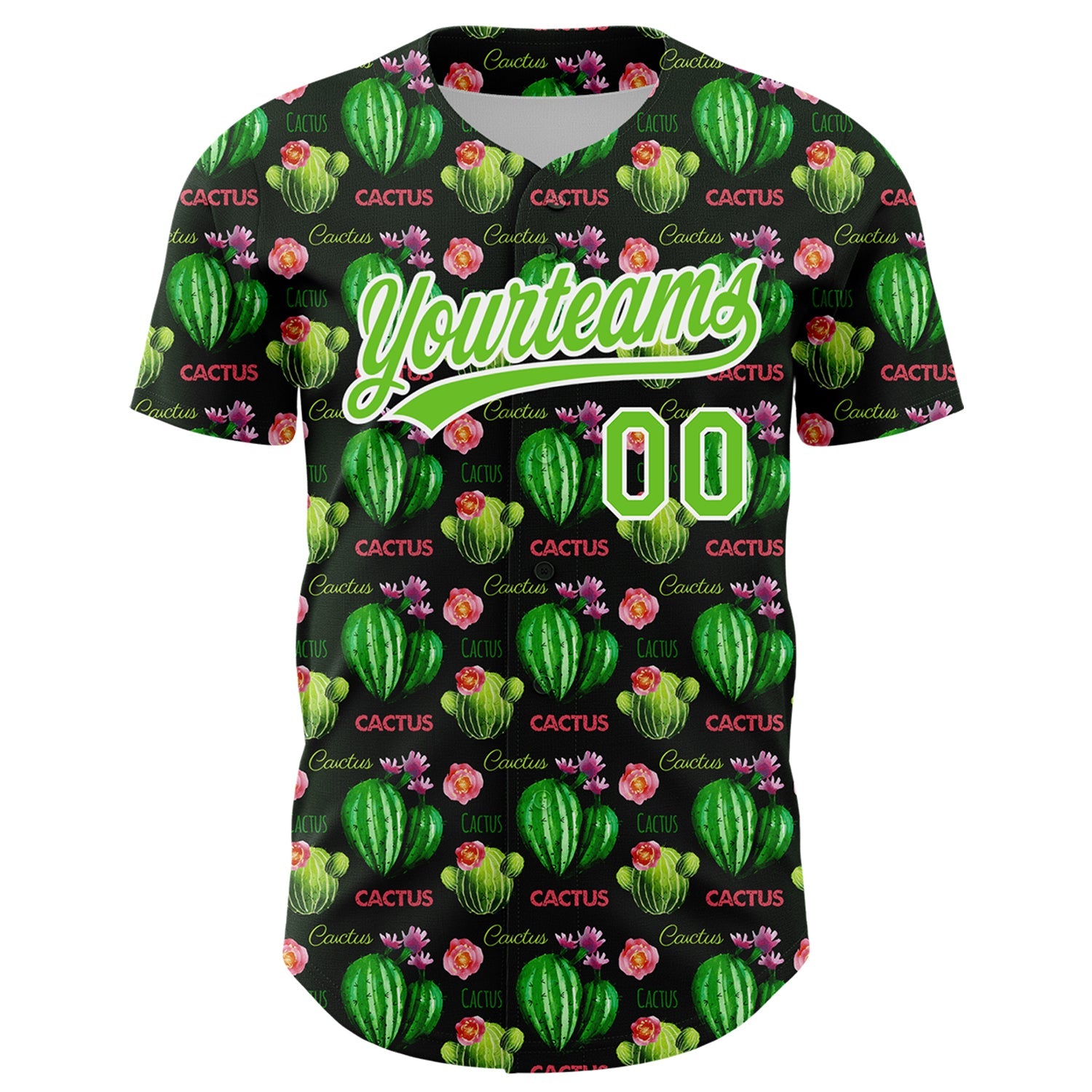 Custom Black Aurora Green-White 3D Pattern Design Cactus Festival Authentic Baseball Jersey view 2
