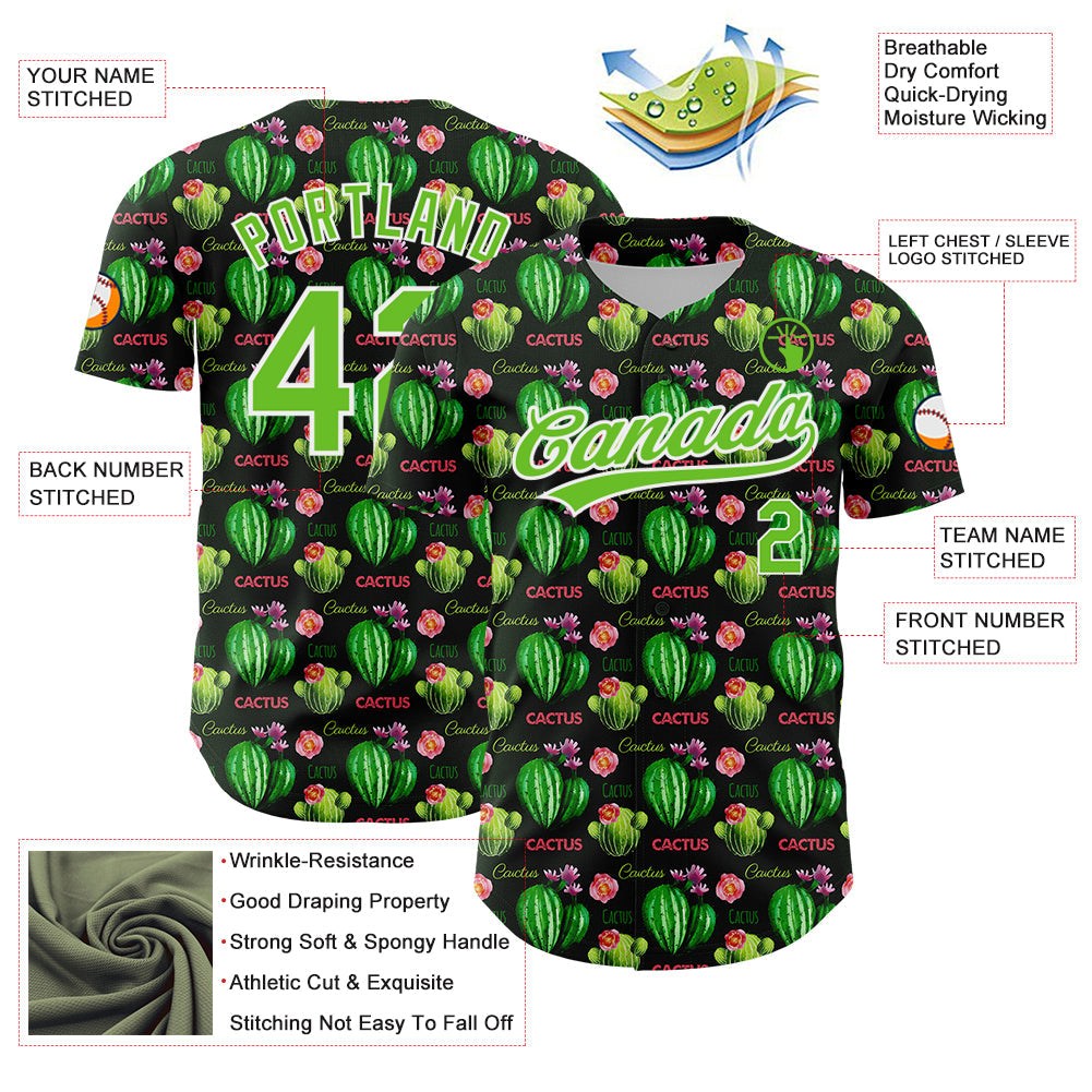 Custom Black Aurora Green-White 3D Pattern Design Cactus Festival Authentic Baseball Jersey view 3