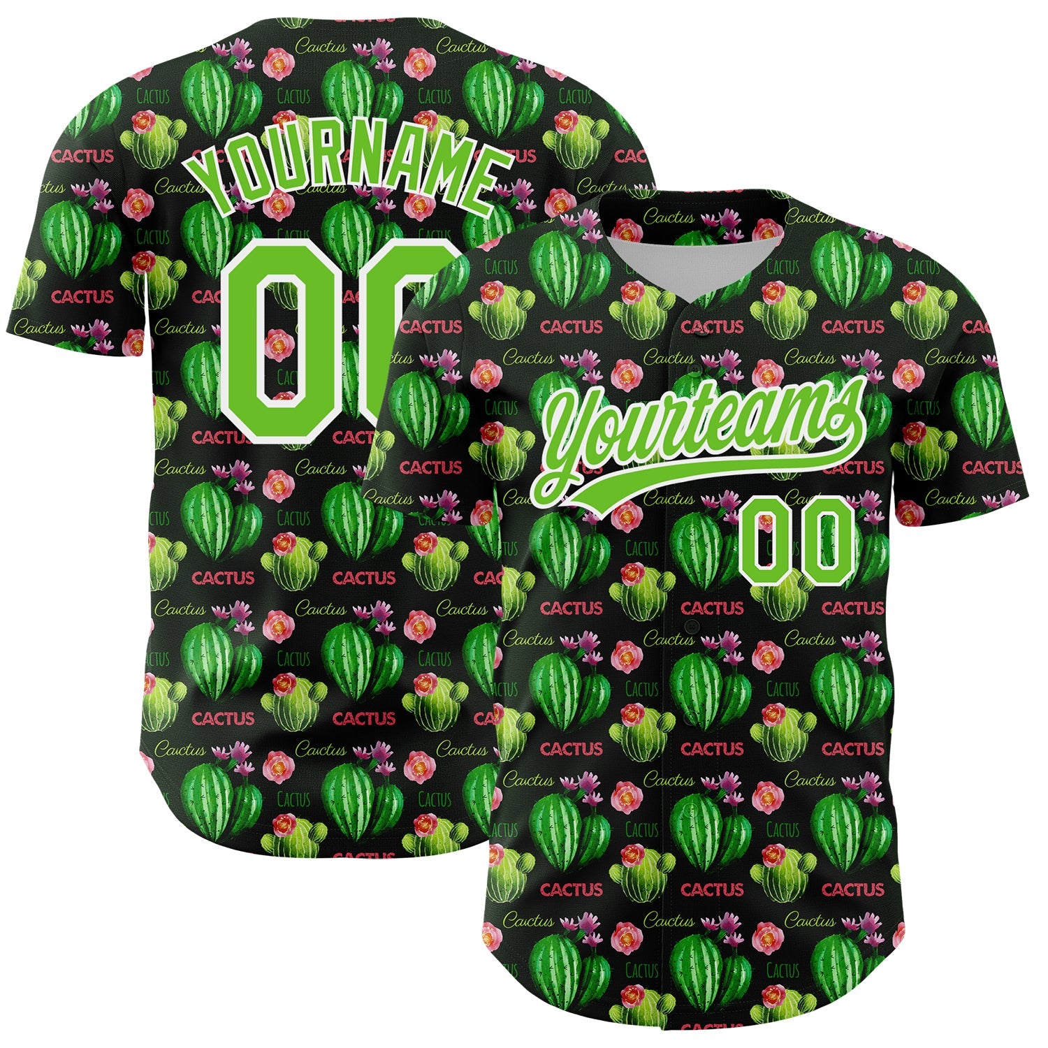 Custom Black Aurora Green-White 3D Pattern Design Cactus Festival Authentic Baseball Jersey - Main View
