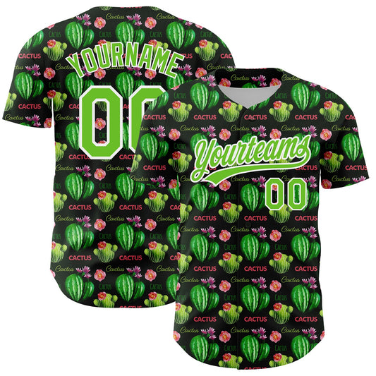 Custom Black Aurora Green-White 3D Pattern Design Cactus Festival Authentic Baseball Jersey - Main View