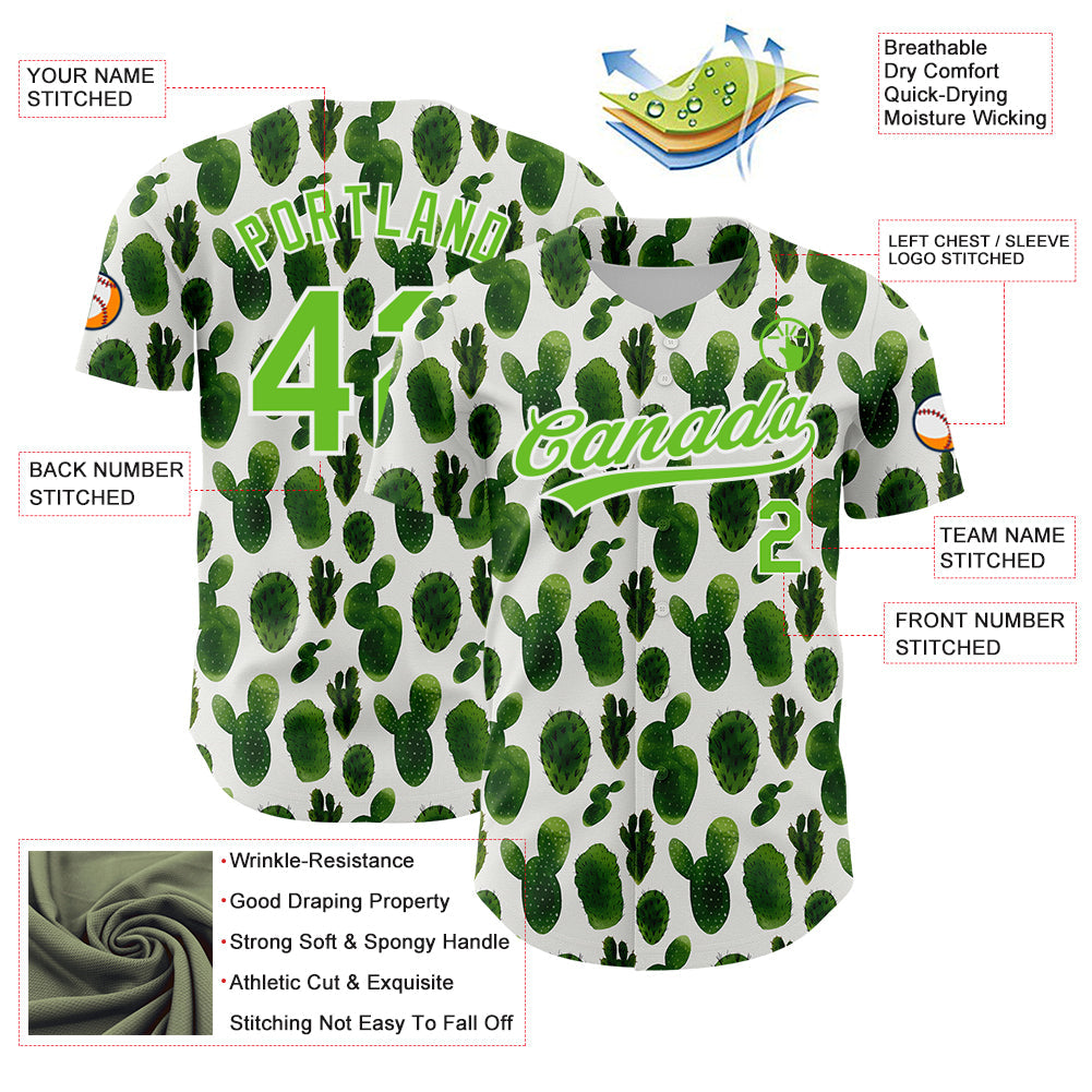 Custom White Aurora Green 3D Pattern Design Cactus Festival Authentic Baseball Jersey view 3
