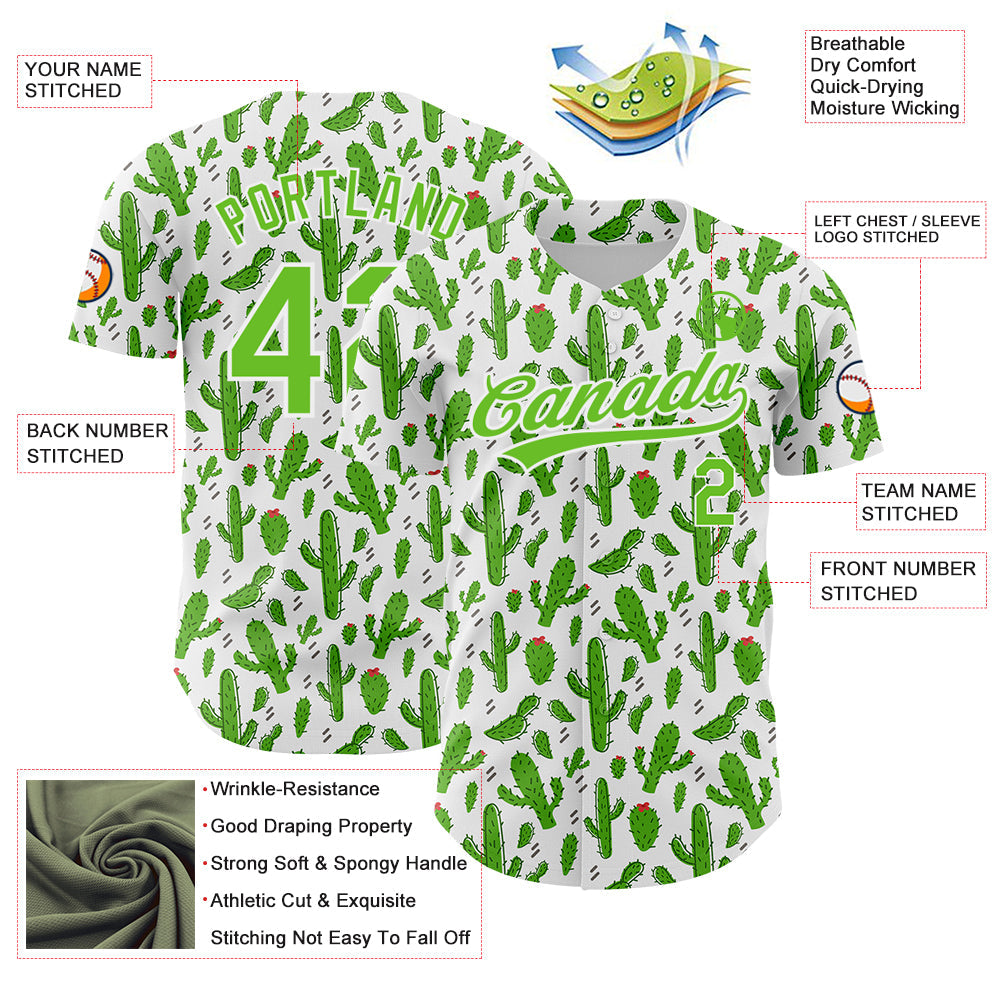 Custom White Aurora Green 3D Pattern Design Cactus Festival Authentic Baseball Jersey view 3