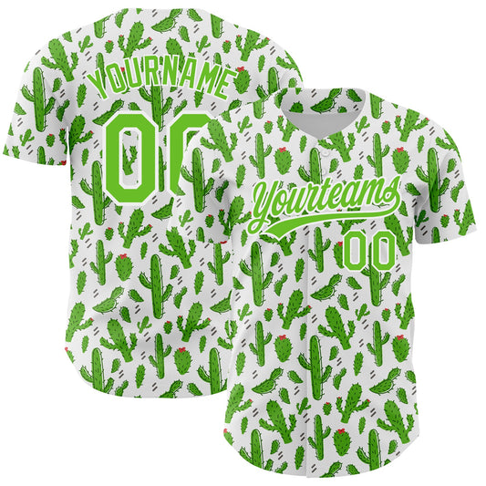 Custom White Aurora Green 3D Pattern Design Cactus Festival Authentic Baseball Jersey - Main View