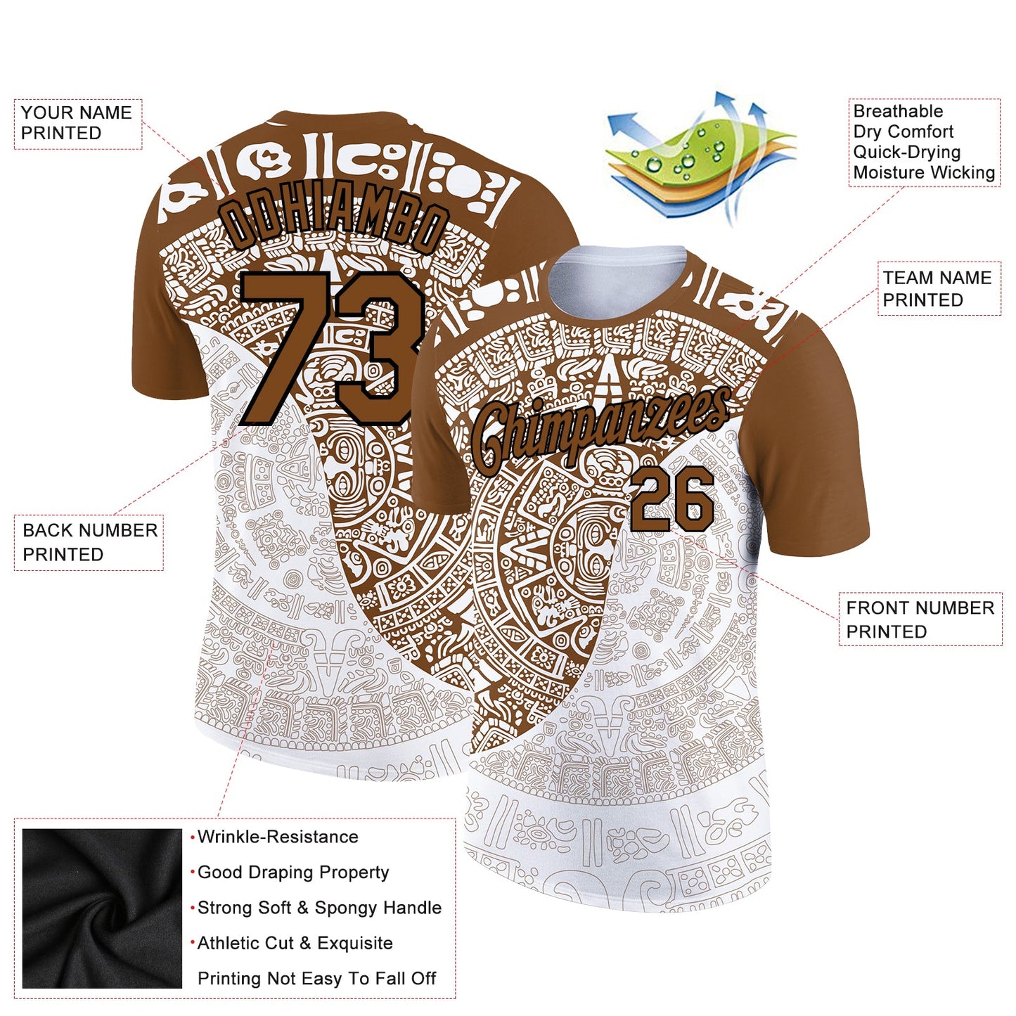 Custom White Brown-Black 3D Pattern Design Ancient Shapes Performance T-Shirt view 2