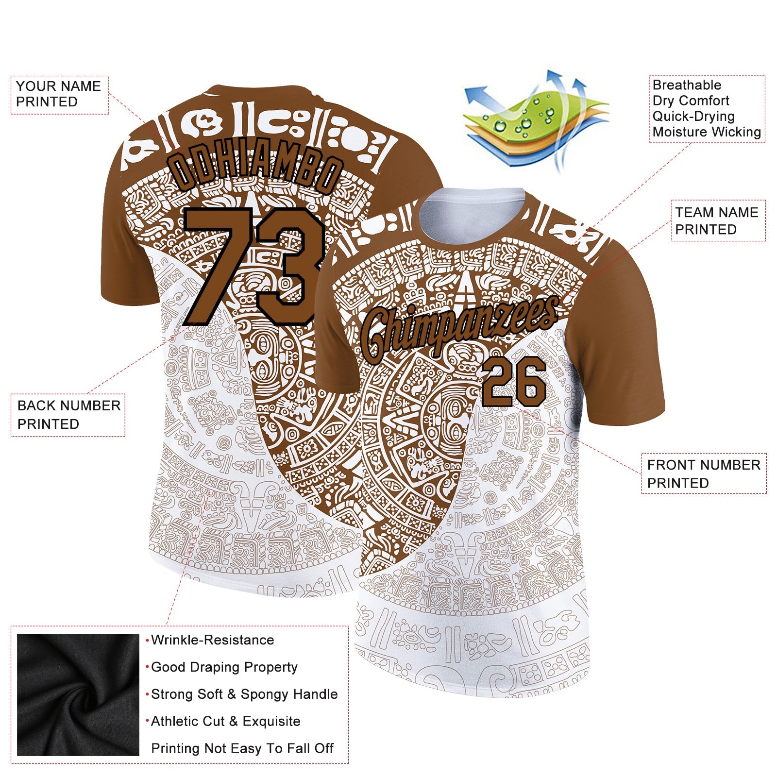 Custom White Brown-Black 3D Pattern Design Ancient Shapes Performance T-Shirt view 2