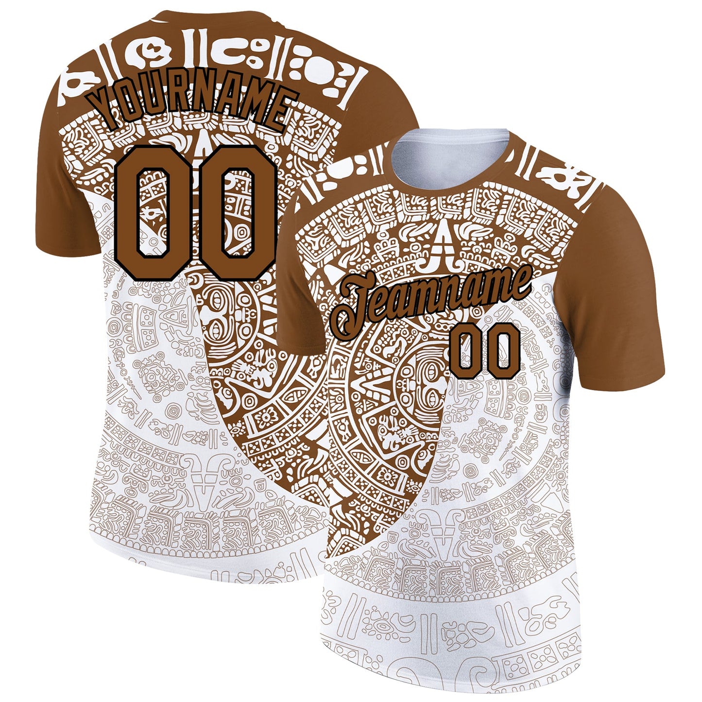 Custom White Brown-Black 3D Pattern Design Ancient Shapes Performance T-Shirt - Main View