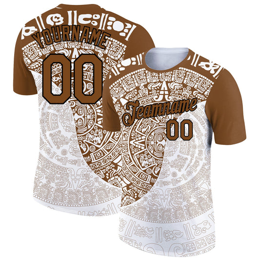 Custom White Brown-Black 3D Pattern Design Ancient Shapes Performance T-Shirt - Main View