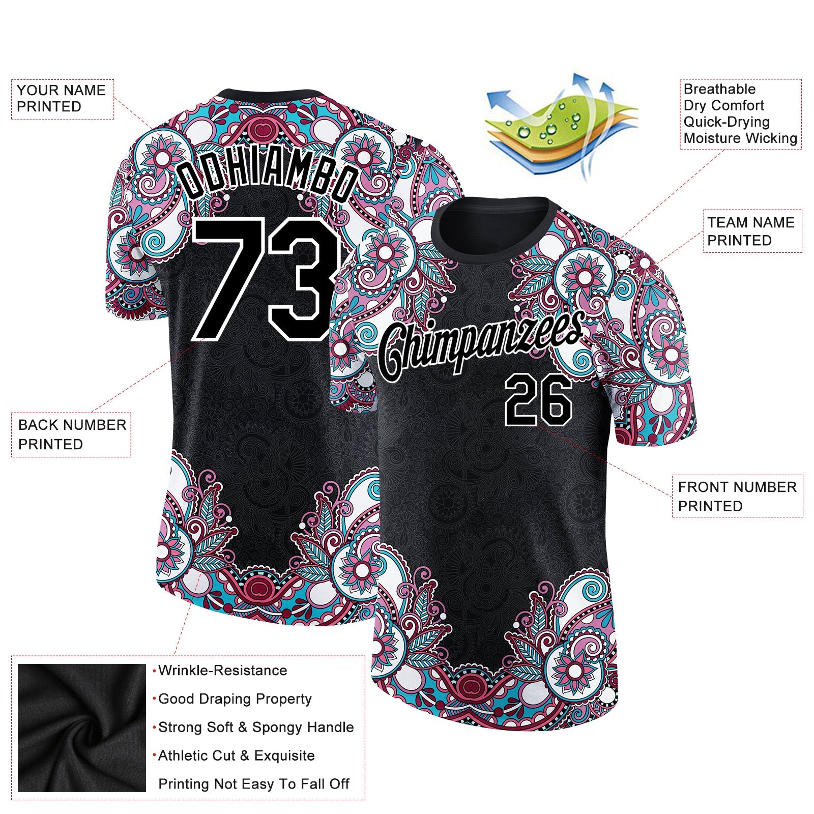 Custom Black White 3D Pattern Floral Design Performance T-Shirt view 2