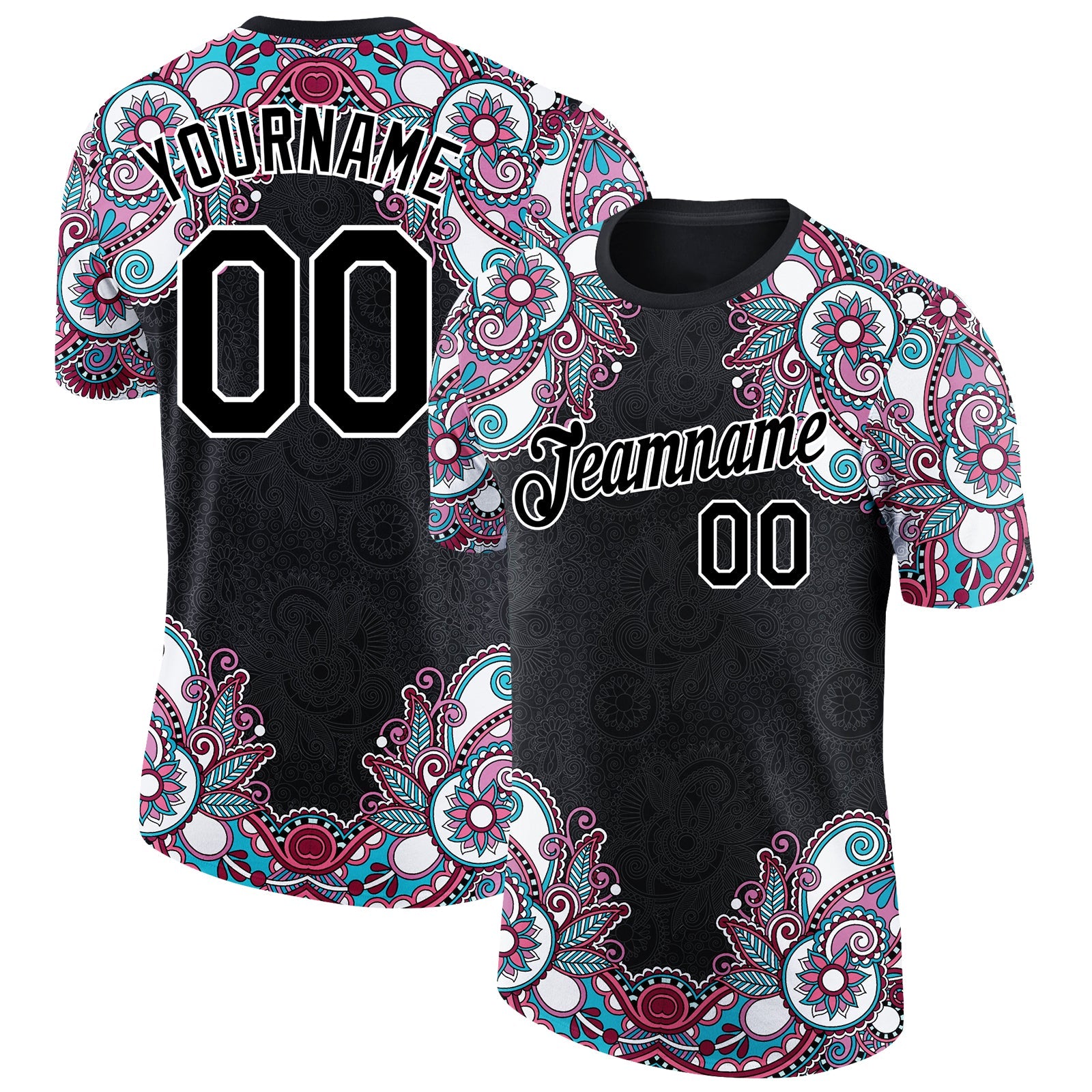Custom Black White 3D Pattern Floral Design Performance T-Shirt - Main View
