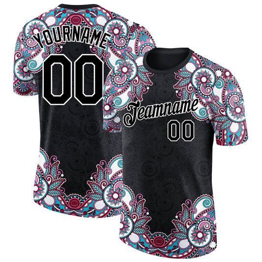Custom Black White 3D Pattern Floral Design Performance T-Shirt - Main View