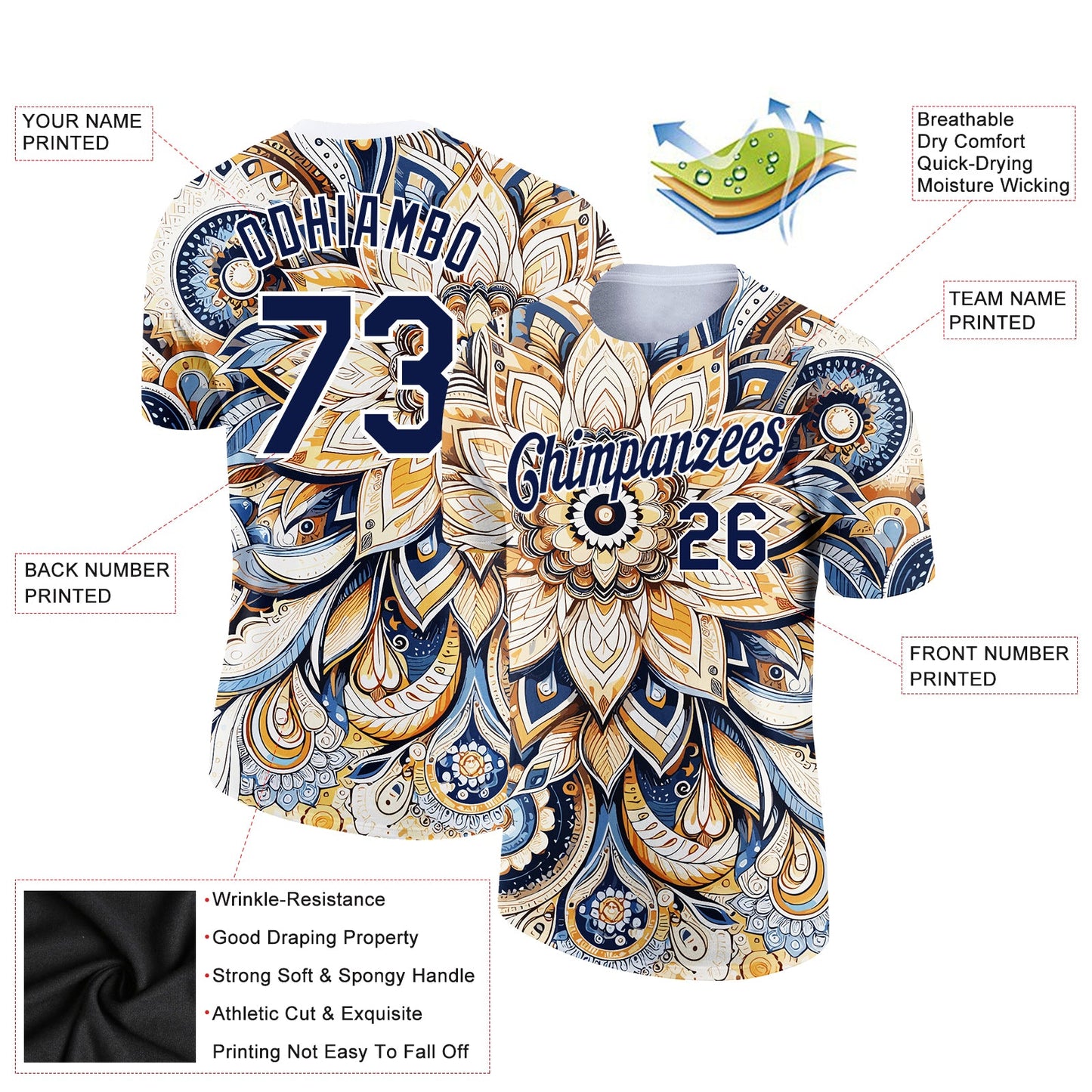 Custom White Navy 3D Pattern Floral Design Performance T-Shirt view 2