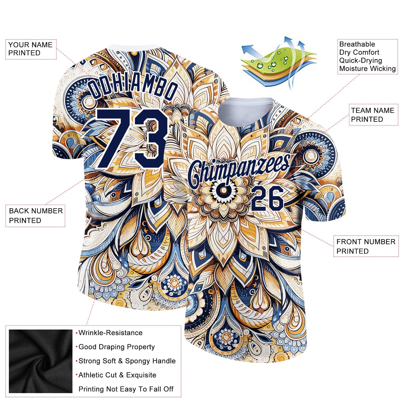 Custom White Navy 3D Pattern Floral Design Performance T-Shirt view 2
