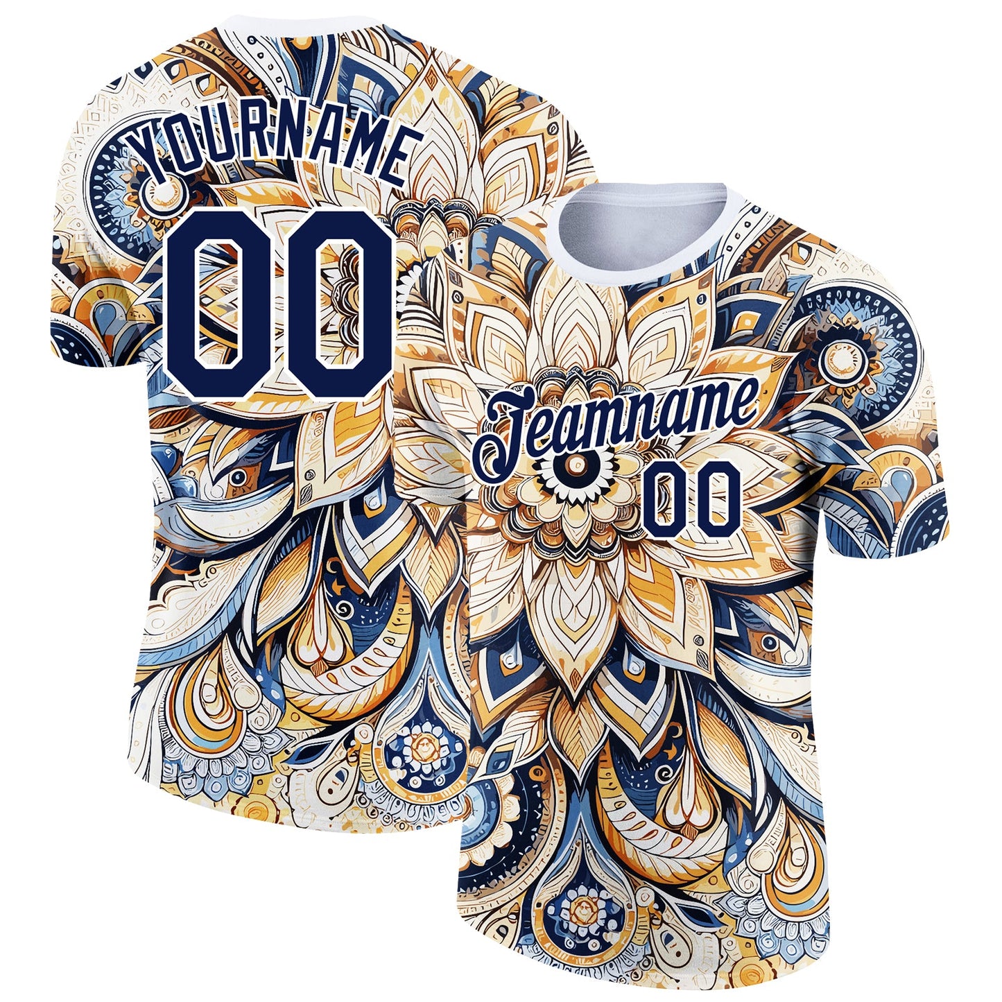 Custom White Navy 3D Pattern Floral Design Performance T-Shirt - Main View