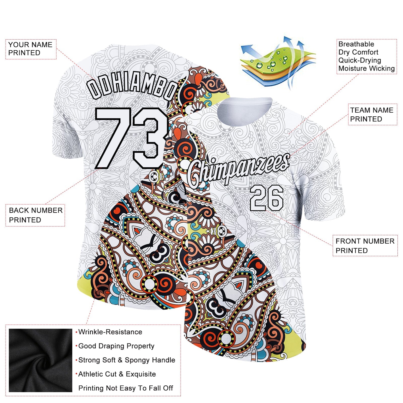 Custom White Black 3D Pattern Floral Design Performance T-Shirt view 2